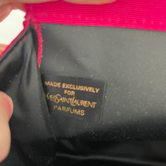 YSL Yves Saint Lauren Parfums Hot Pink Black Gold Grosgrain Clutch Authentic - Picture 10 of 12